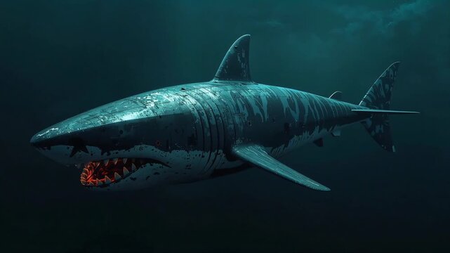 Mechanical shark swimming through deep dark ocean water featuring glowing metallic teeth and industrial textured skin in motion video footage