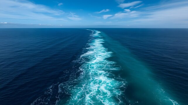 A stunning high-angle aerial view of a deep blue ocean featuring a long white foamy wake trail from a ship, bright turquoise water turbulence, clear horizon, and a beautiful sunny sky background.