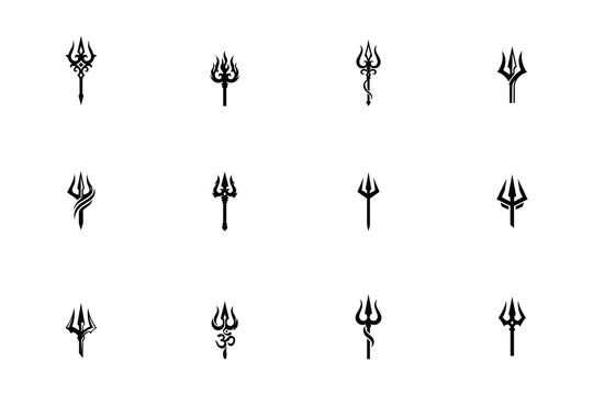 Trident and Trishul icon set with various silhouette styles for Lord Shiva Poseidon or Neptune vector illustration