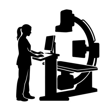 Skilled medical technologist operating advanced C-arm fluoroscopy equipment for precise real-time imaging, crucial for diagnostics and interventional procedures in a modern healthcare environment