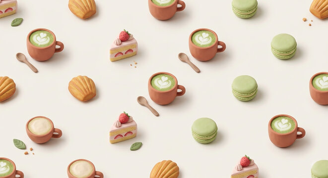3D clay matcha latte and strawberry shortcake pattern background, cafe dessert wallpaper with macarons and madeleines.