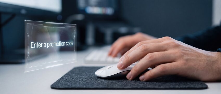 Person using computer mouse with virtual promotion code interface for online shopping