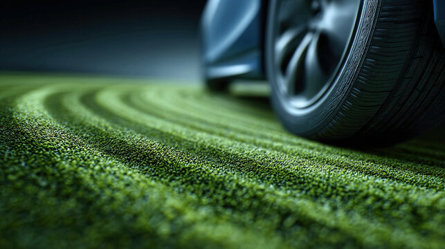 Tire maneuverability study on twisting green path, illustrating vehicle dynamics, motion analysis, driving performance, speed and agility research, and automotive engineering educational concepts,