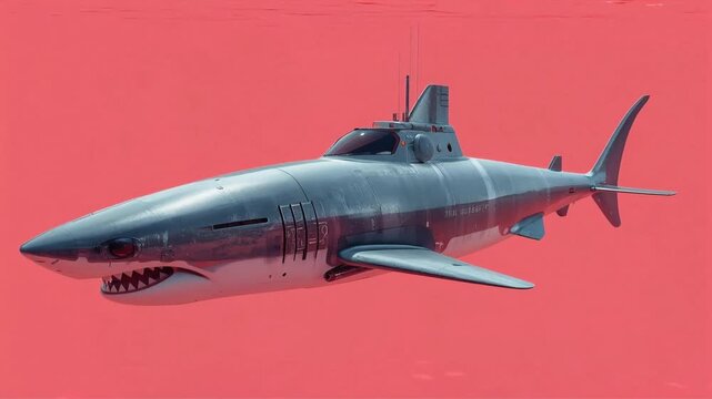 Submarine shark hybrid motion video footage featuring a metallic mechanical predator swimming through a vibrant solid coral colored background environment