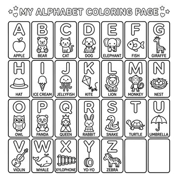Comprehensive alphabet learning and coloring page for children, presenting each letter with a corresponding object illustration, ideal for preschool and kindergarten educational activities