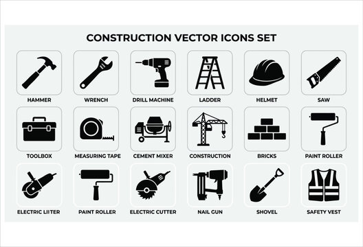 construction tools vector icons set hammer wrench
