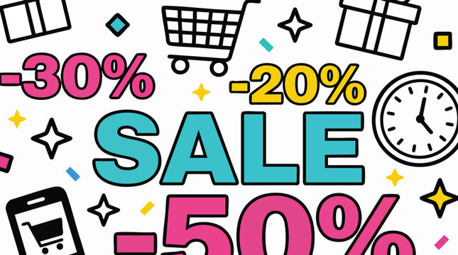 Colorful Flat Design Sale Banner with Discount Percentages and Shopping Icons