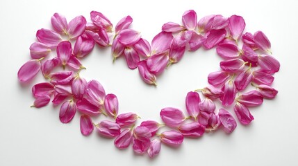 Fototapeta premium Heart-shaped arrangement of vibrant pink flower petals on clean white surface, symbolizing love, romance, and delicate beauty.