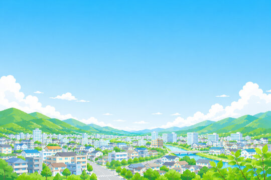 夏の青空と豊かな緑を描いた都市景観イラスト。
公園や街並みが調和した明るいパノラマ構成。
観光、自治体、イベント告知など幅広く利用可能。
