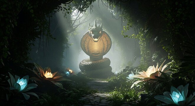 Mystical snake statue in lush forest with glowing flowers and light