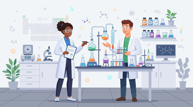 Scientists in lab coat analyze colorful chemical experiments
