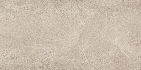 A textured, warm beige background displaying a delicate, embossed design of overlapping tropical fan palm leaves. © kartik