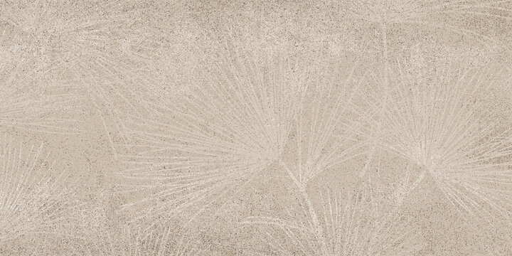 A textured, warm beige background displaying a delicate, embossed design of overlapping tropical fan palm leaves.