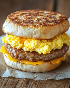 Close up of a hearty breakfast sandwich with sausage and eggs