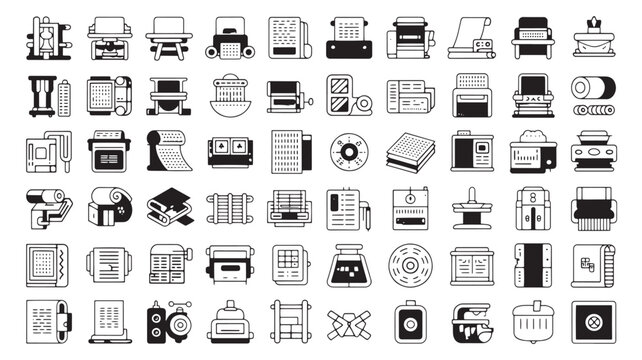Minimalist printing icons set, 60 black and white vector symbols for publishing and office equipment, modern linear printer and scanner graphics
