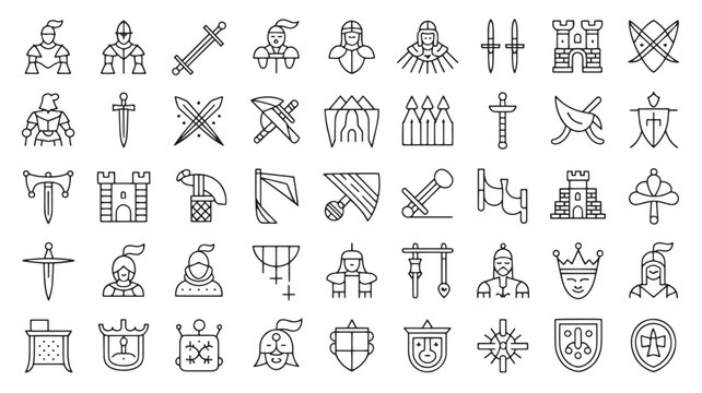 Medieval knight line icons set, 50 fantasy warrior equipment vectors, ancient castle and weaponry symbols, historical armor and sword graphics