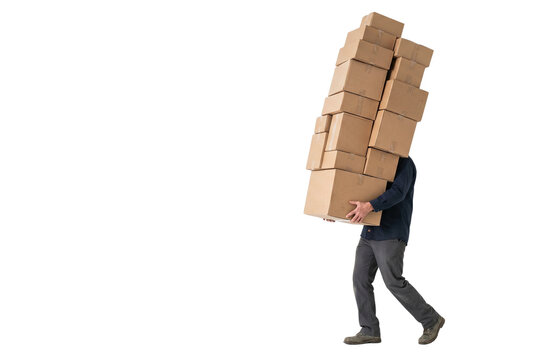 Delivery man struggling with a towering stack of cardboard boxes