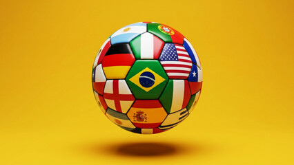 Fototapeta premium Detailed 3D rendering of soccer ball featuring various international country flags on yellow background for global sports championship concept.