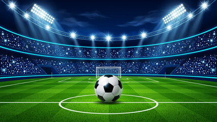 Empty soccer stadium field at night under bright stadium lights with soccer ball in center for sports event background. © SWEET