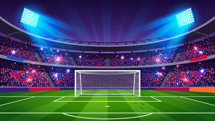 Professional soccer stadium field view with bright floodlights at night under stadium lights for championship match concept illustration with vibrant green grass and goal net. © SWEET