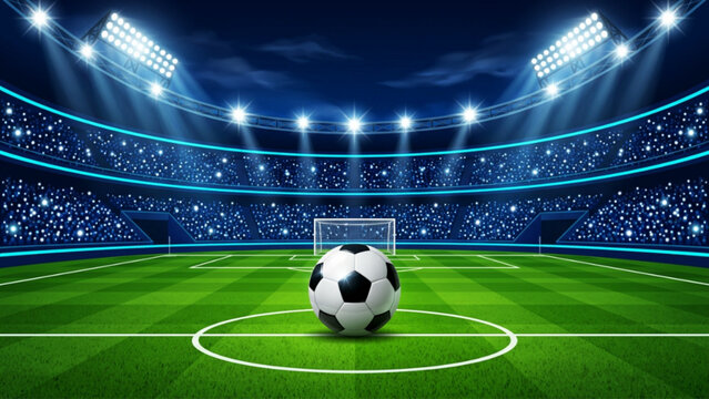 Empty soccer stadium field at night under bright stadium lights with soccer ball in center for sports event background.