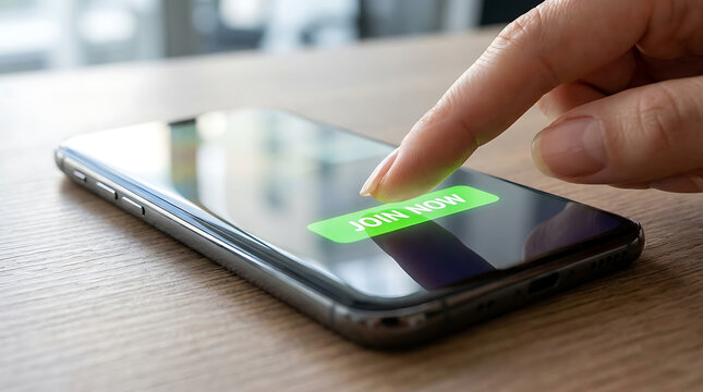 Hand pressing join now button on smartphone screen for sign up