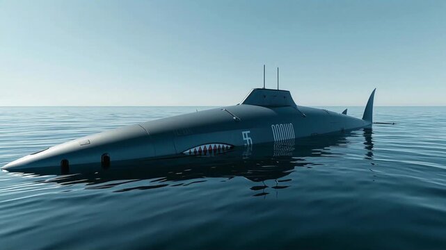 Submarine military vessel cruising on ocean water surface in this high quality 3d animated digital motion video footage clip