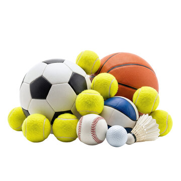 Assorted sports balls grouped together on transparent background
