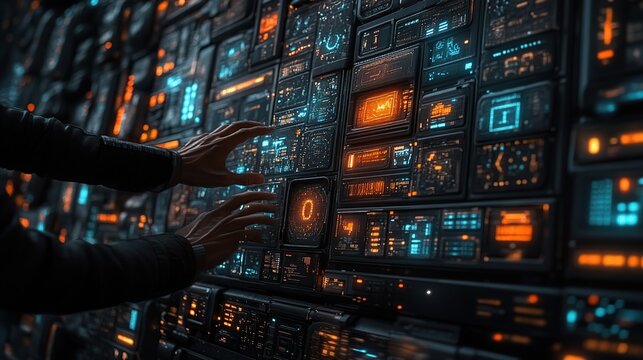 Immersive multi-monitor data center scene with hands typing amidst glowing code and dashboards