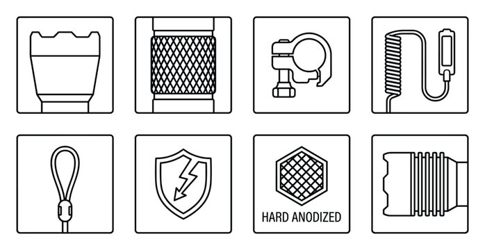Flashlight accessories and features icons including grip, mount, switch, lanyard, and durability symbols.