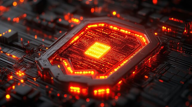 Intense Glowing Microprocessor on a Dense Circuit Board Under Orange Lighting