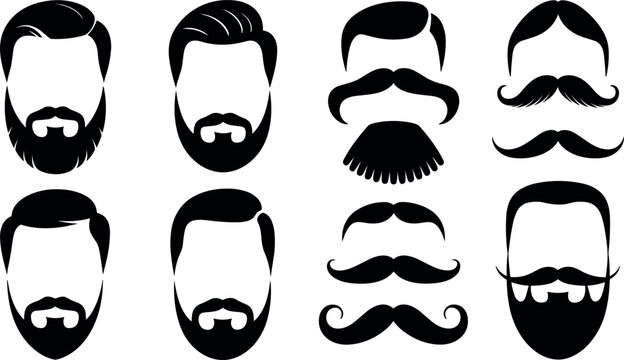 Gentleman hipster hairstyle and beard silhouettes set with vintage barbershop mustache look symbols