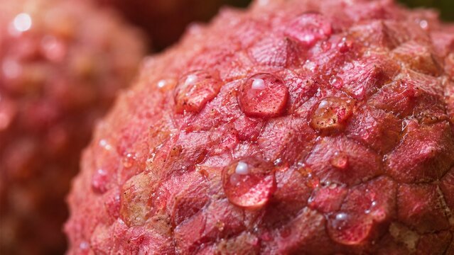 Vibrant red lychee skin macro with dew drops