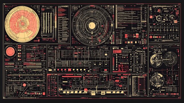 Intricate vintage electronic circuit board schematic with circular dials and red highlights