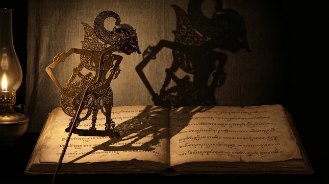 Shadow puppet casting shadow on ancient book
