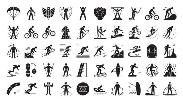 Extreme sports glyph icons set, 50 black vector silhouettes of outdoor adventure activities, active lifestyle and mountain sports symbols