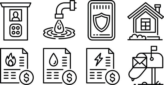 Home utility bills and domestic maintenance service line icon set with smart security and plumbing