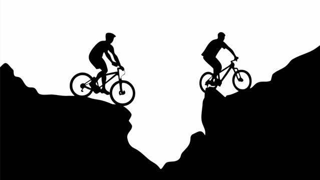 Silhouette of two mountain bikers jumping over a gap between two cliffs