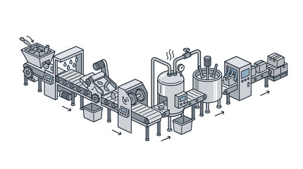 Naklejka premium Isometric food production line with heating and sorting stages.