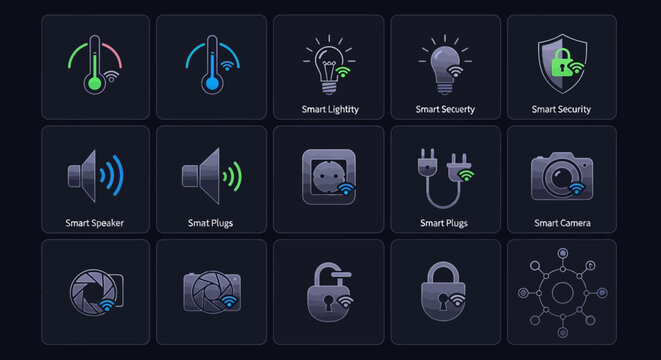 Dark mode smart home automation glowing icon pack.