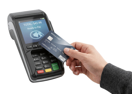Hand tapping debit card on contactless payment terminal