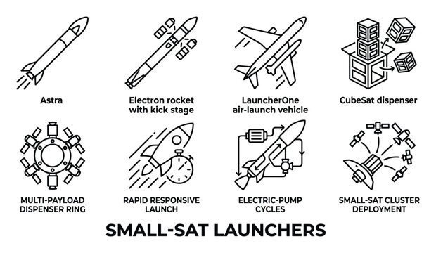 Small sat launchers set vector icons Astra Electron rocket LauncherOne CubeSat dispenser multi payload rapid.