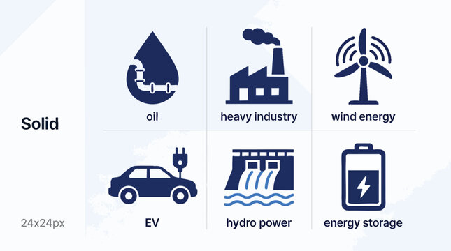 Industrial and Renewable Energy Icon Set: Oil, Wind, EV, Hydro and Energy Storage