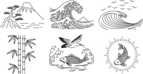 Obraz premium Minimalist vintage asian outline elements including sea waves bonsai tree and fish emblem badge design