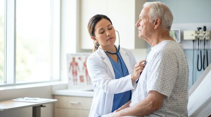 Obraz premium Medical Professional Doctor Examines Senior Patient Using Stethoscope in a Bright Clinic Office
