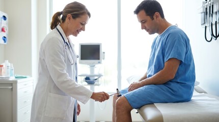 Obraz premium Medical Doctor Performs Knee Reflex Check on Male Patient in Examination Room