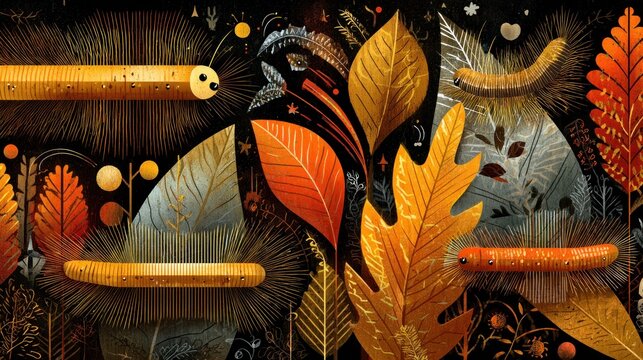 Hairy larva creatures inhabit a dense botanical environment featuring warm autumnal foliage