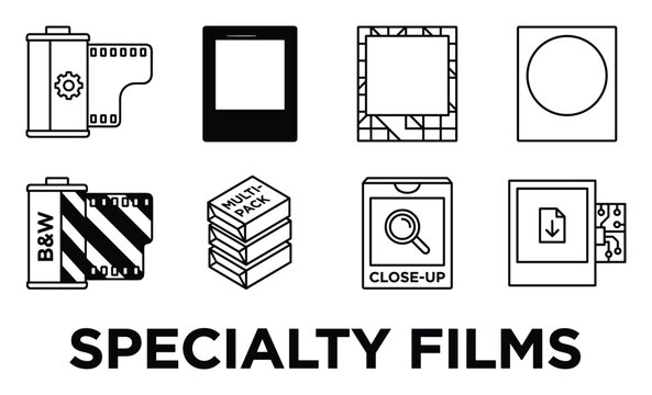 Specialty film format icons including camera rolls instant prints and data storage.