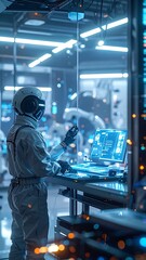 Obraz premium A futuristic worker in a white jumpsuit interacts with holographic screens