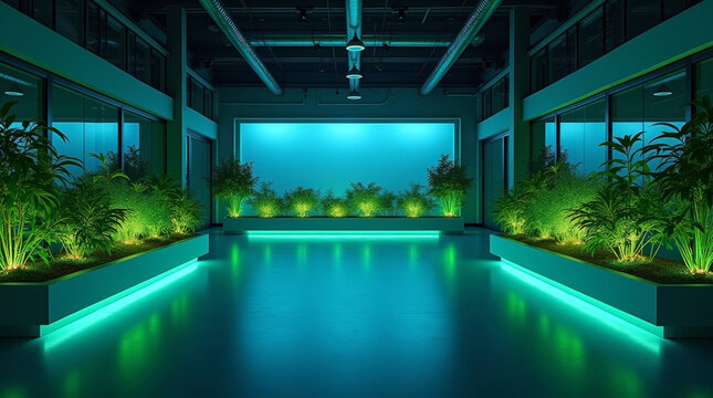Modern dark office interior featuring symmetrical rows of bioluminescent plants in sleek planters as an innovative, sustainable light source